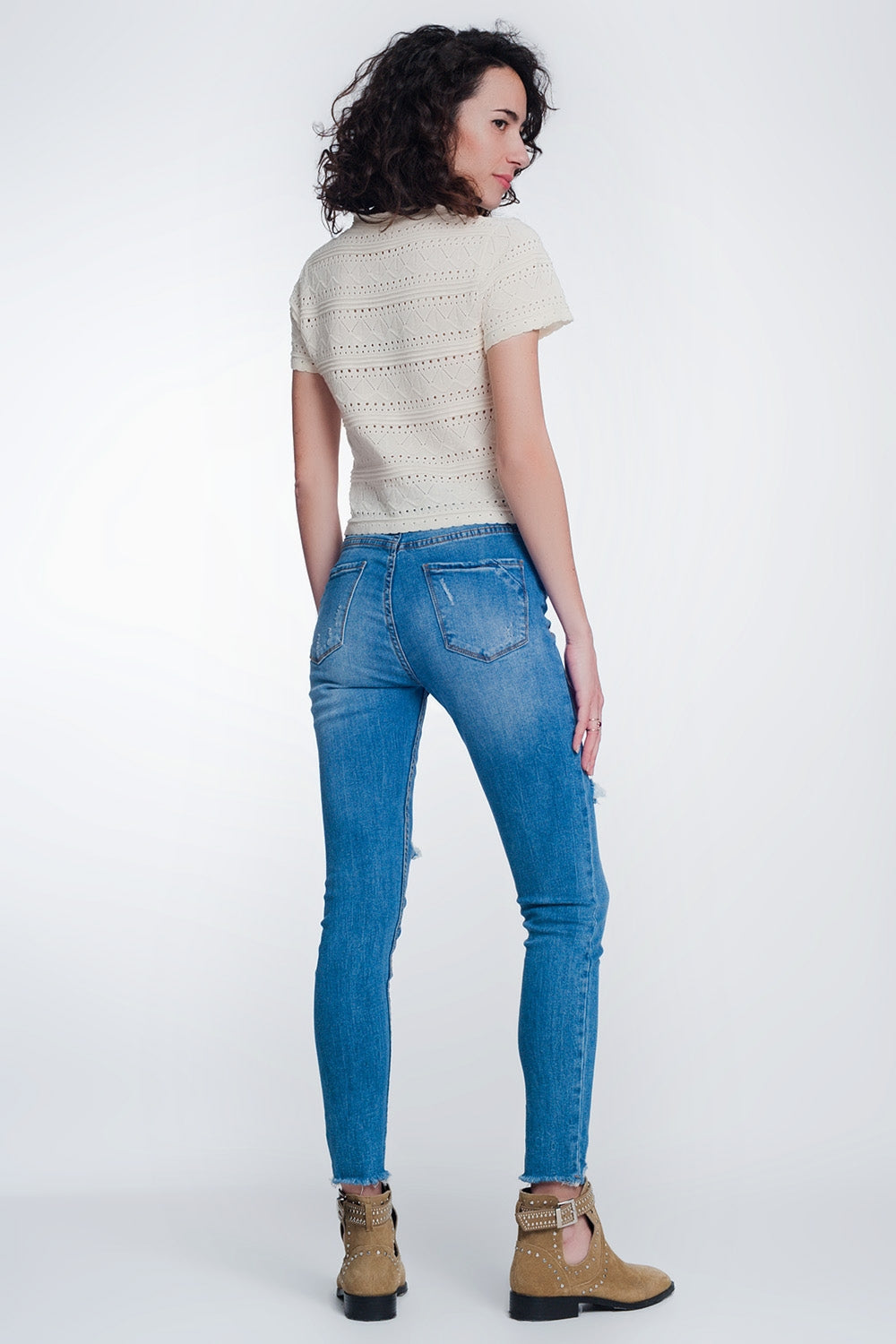 Mid denim super skinny jeans with holes in the knees - Denim