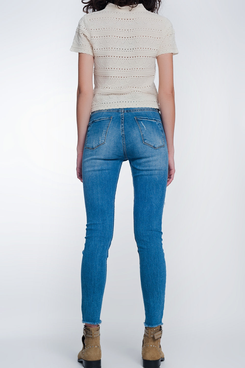 Mid denim super skinny jeans with holes in the knees - Denim