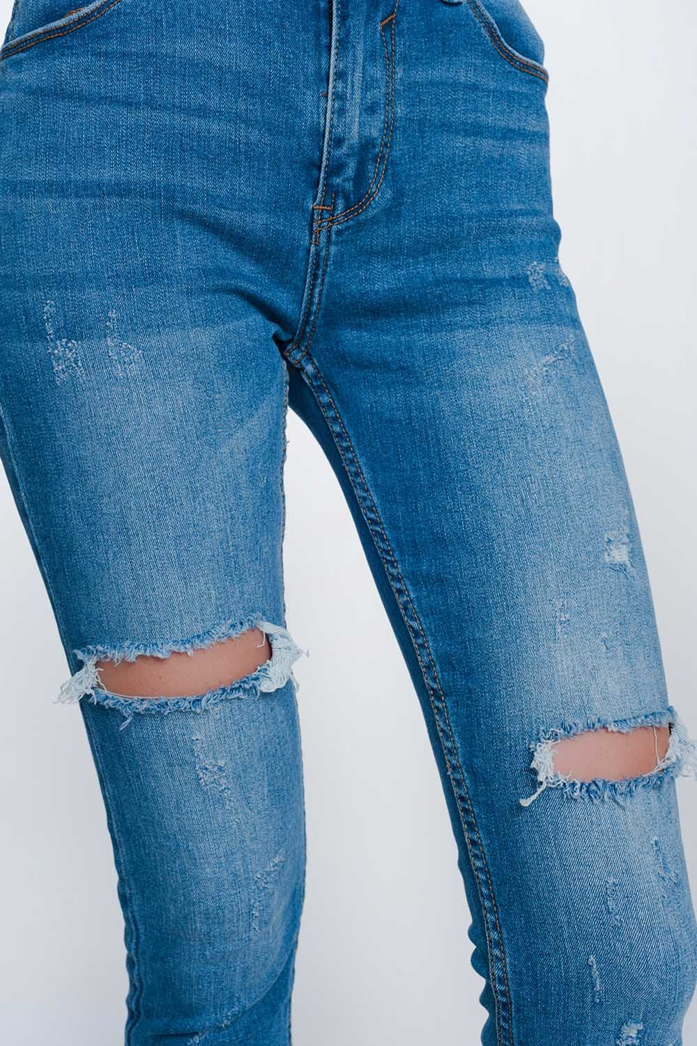 Mid denim super skinny jeans with holes in the knees - Denim