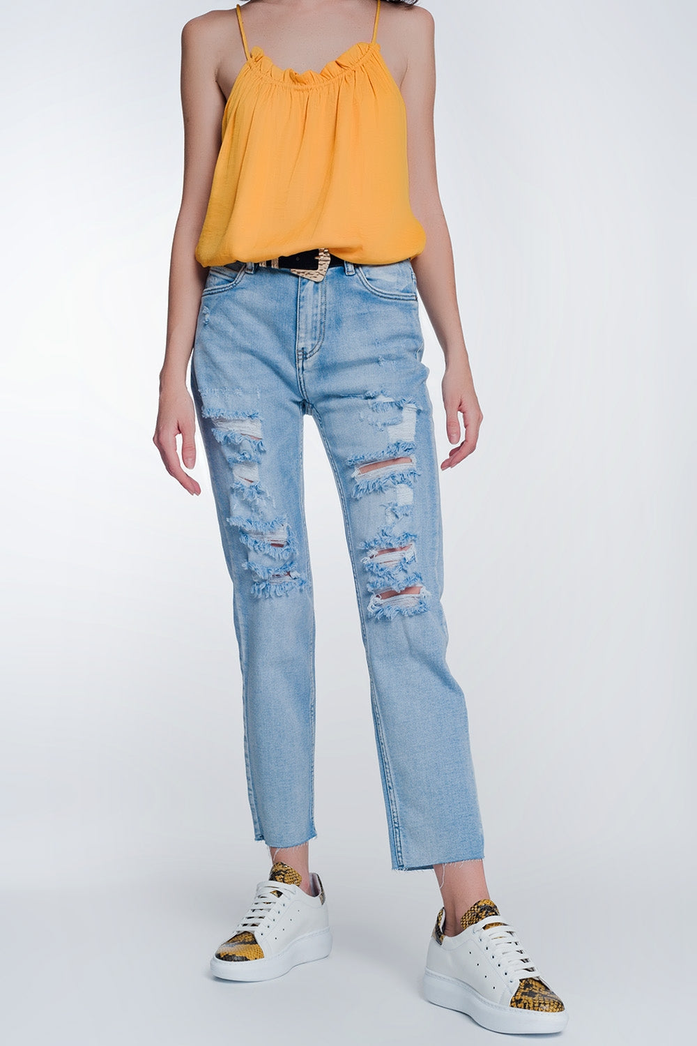 wide leg cropped raw hem jeans in blue colour - Denim