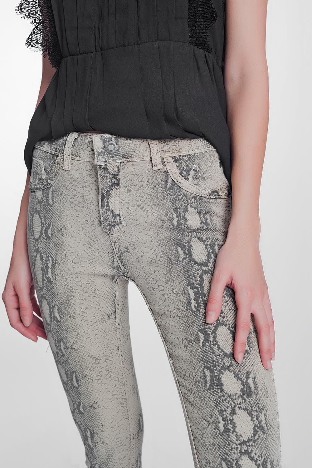 beige super skinny reversible trousers with snake print - Coloured Jeans
