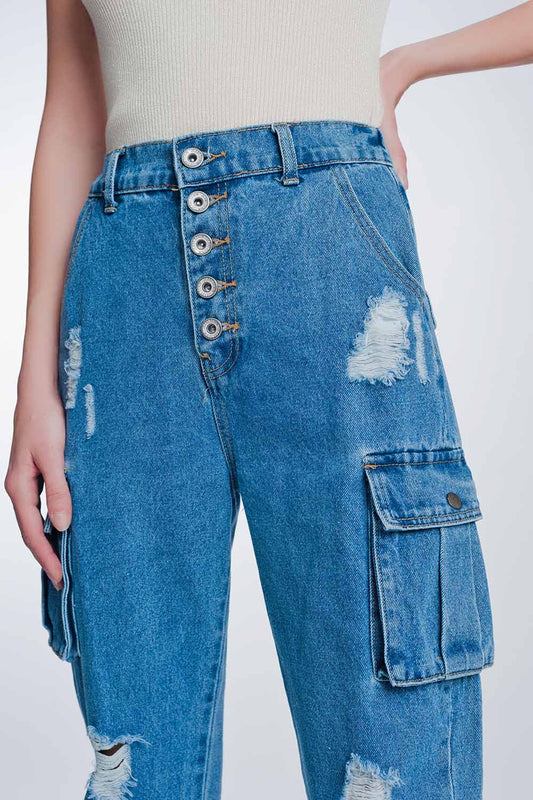 Light denim straight jeans ripped with side pockets - Denim