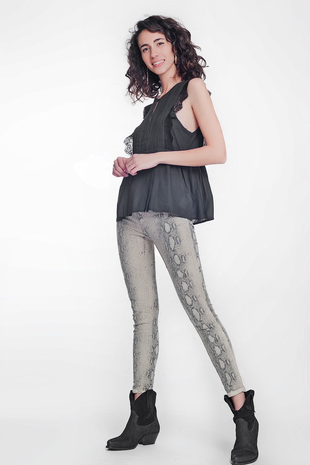 beige super skinny reversible trousers with snake print - Coloured Jeans