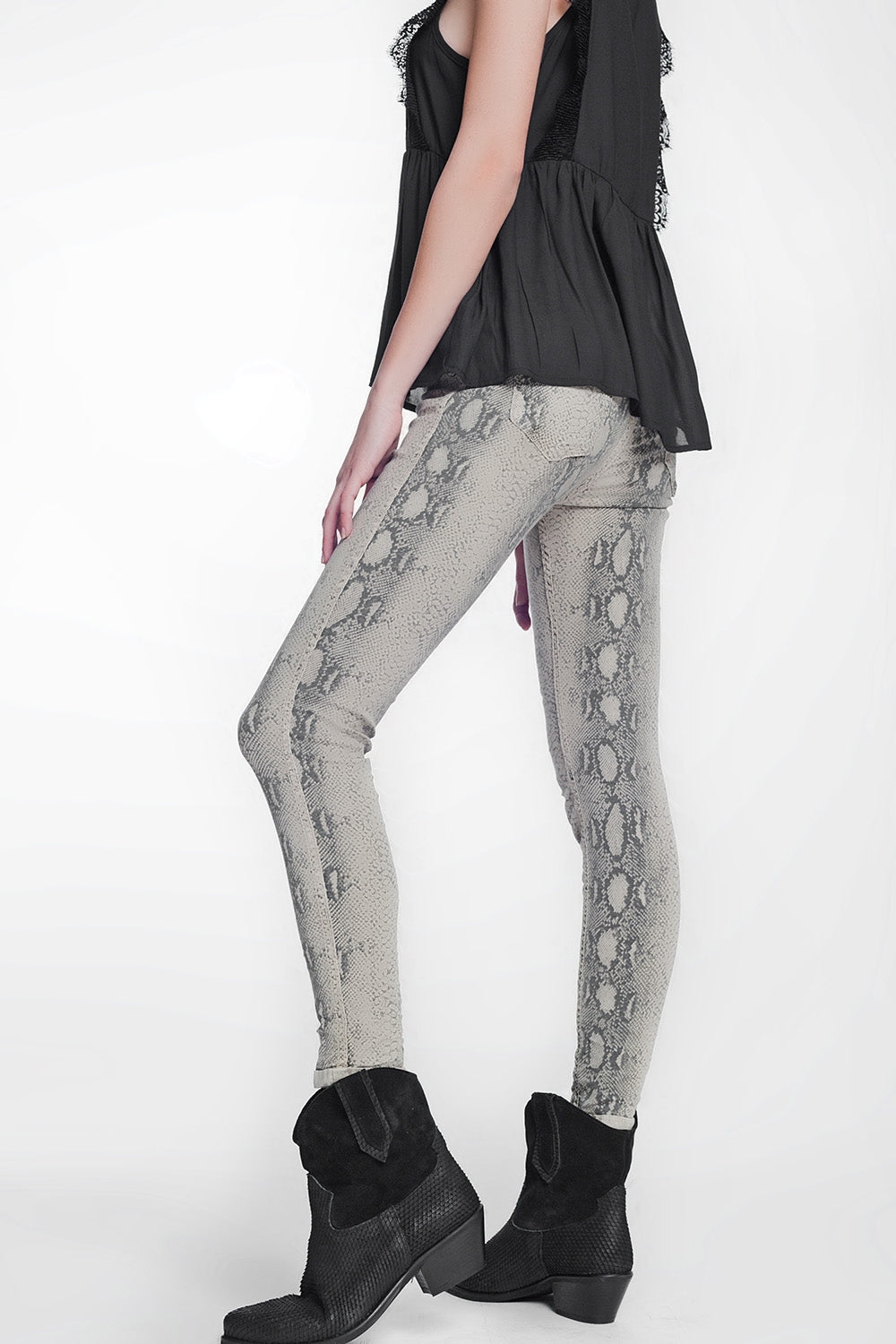 beige super skinny reversible trousers with snake print - Coloured Jeans