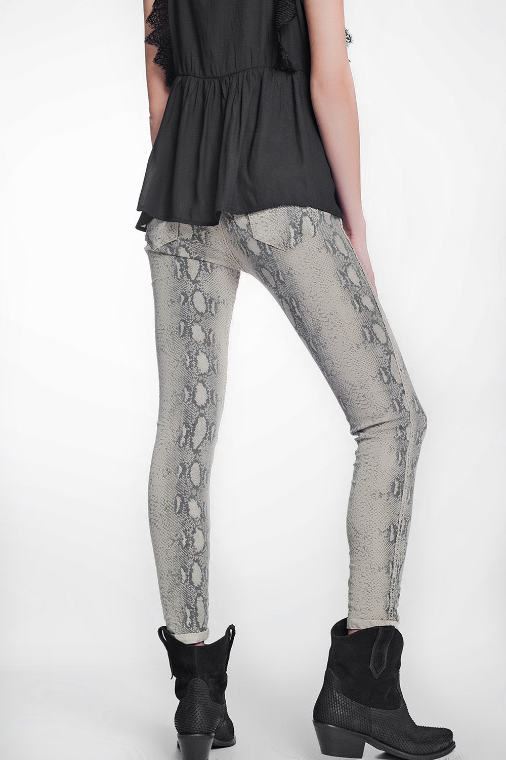 beige super skinny reversible trousers with snake print - Coloured Jeans