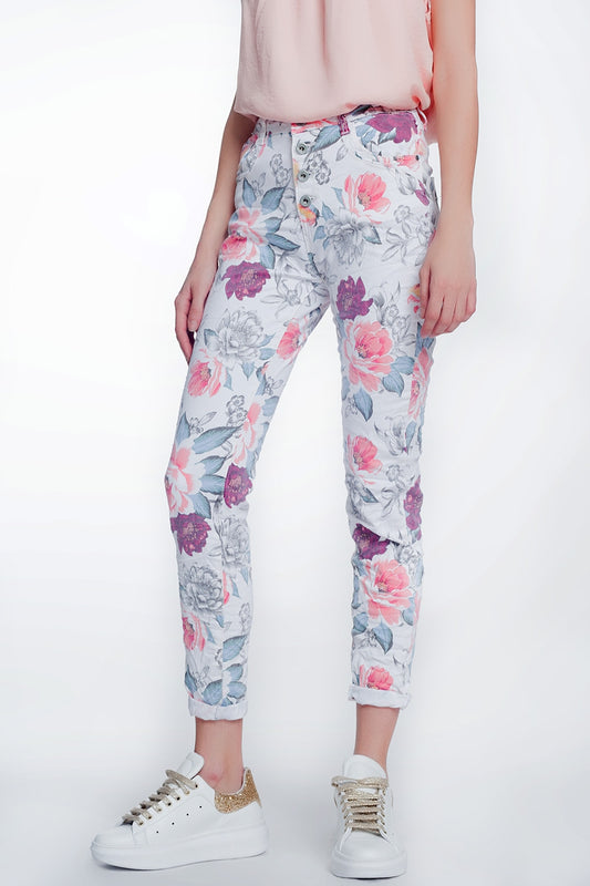 White boyfriend jeans with floral print - Coloured Jeans