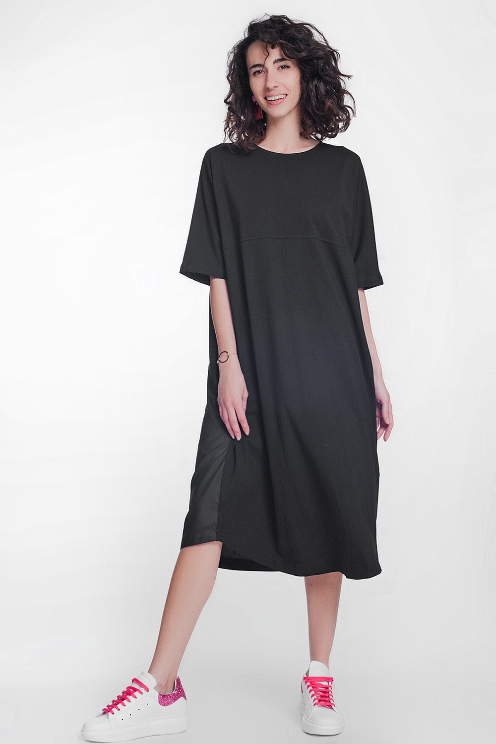 round neck poplin t-shirt dress in black - dress