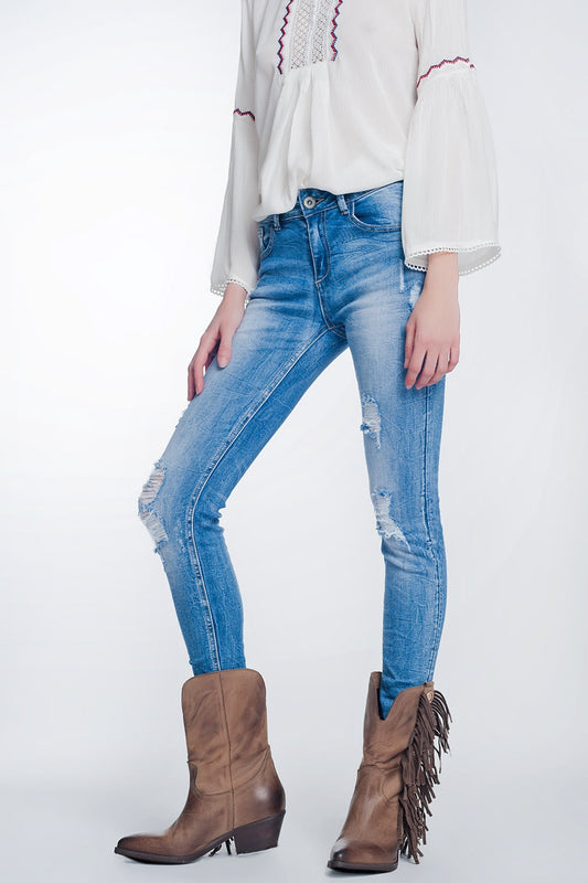 super skinny jeans in vintage mid wash blue with heavy rips - Denim