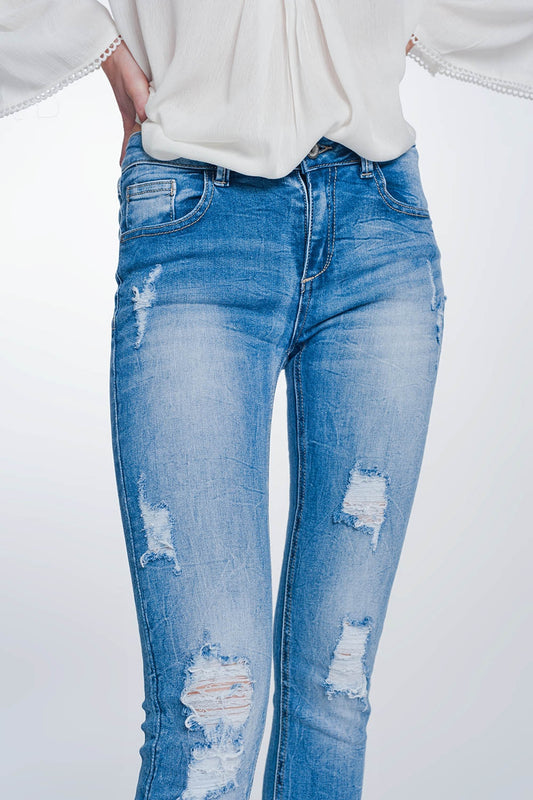 super skinny jeans in vintage mid wash blue with heavy rips - Denim