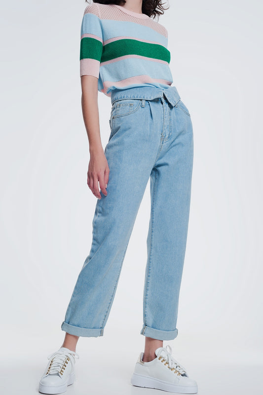 Light denim straight jeans with folded waist - Denim