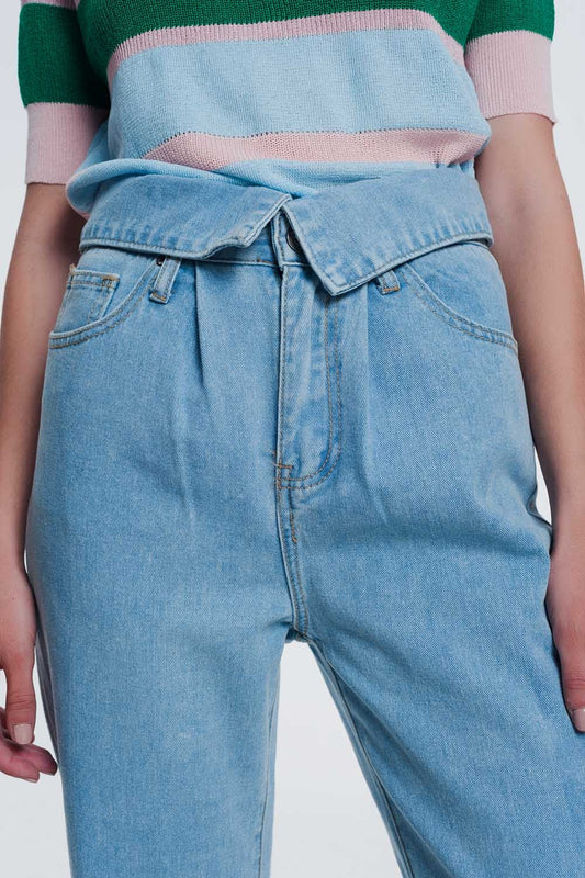 Light denim straight jeans with folded waist - Denim