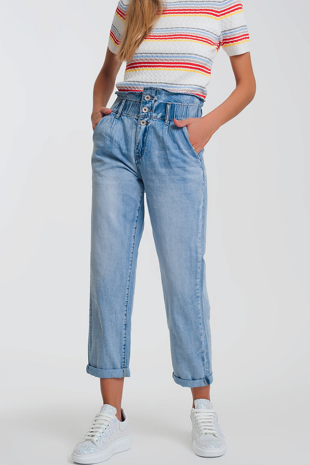 Light denim straight jeans with big waistband detail - Denim