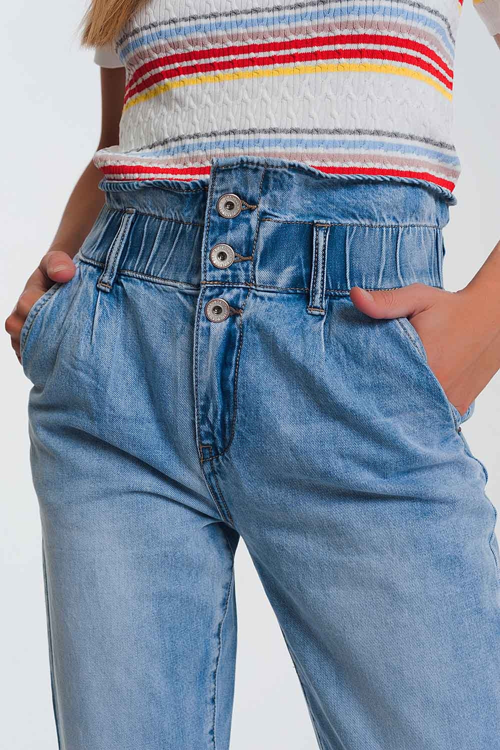 Light denim straight jeans with big waistband detail - Denim