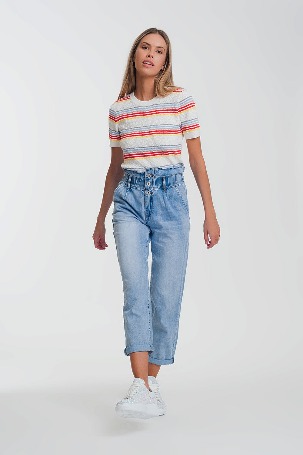 Light denim straight jeans with big waistband detail - Denim