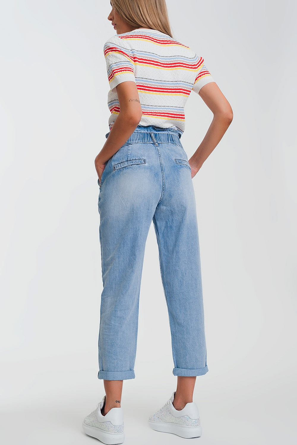 Light denim straight jeans with big waistband detail - Denim