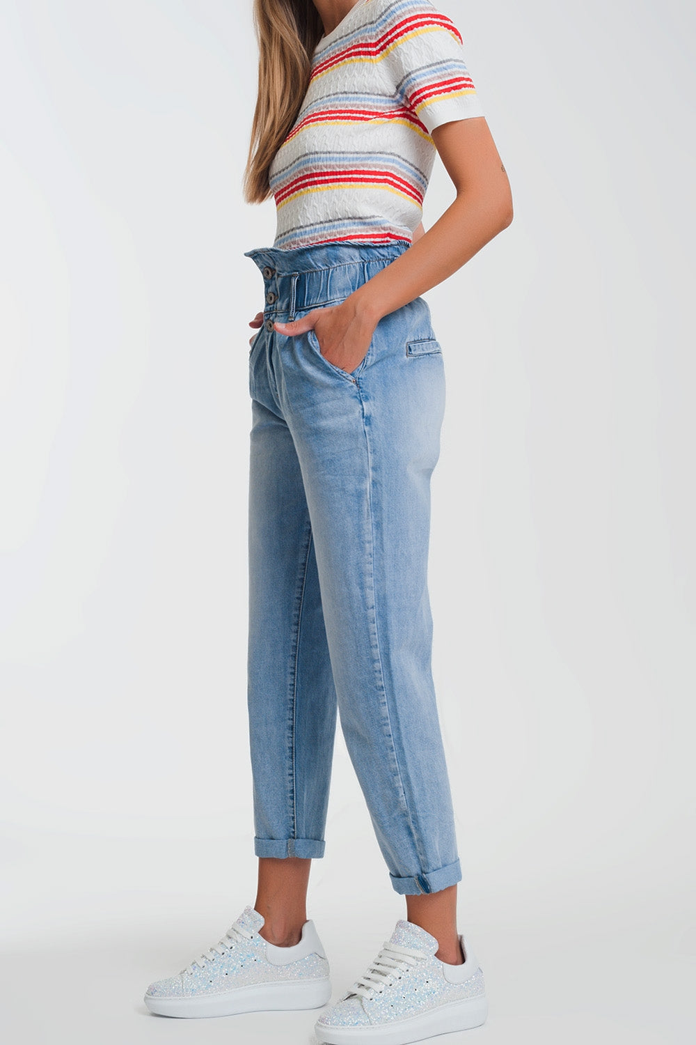 Light denim straight jeans with big waistband detail - Denim