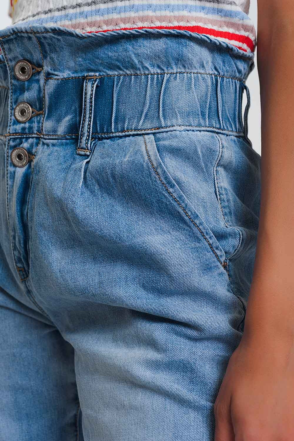 Light denim straight jeans with big waistband detail - Denim
