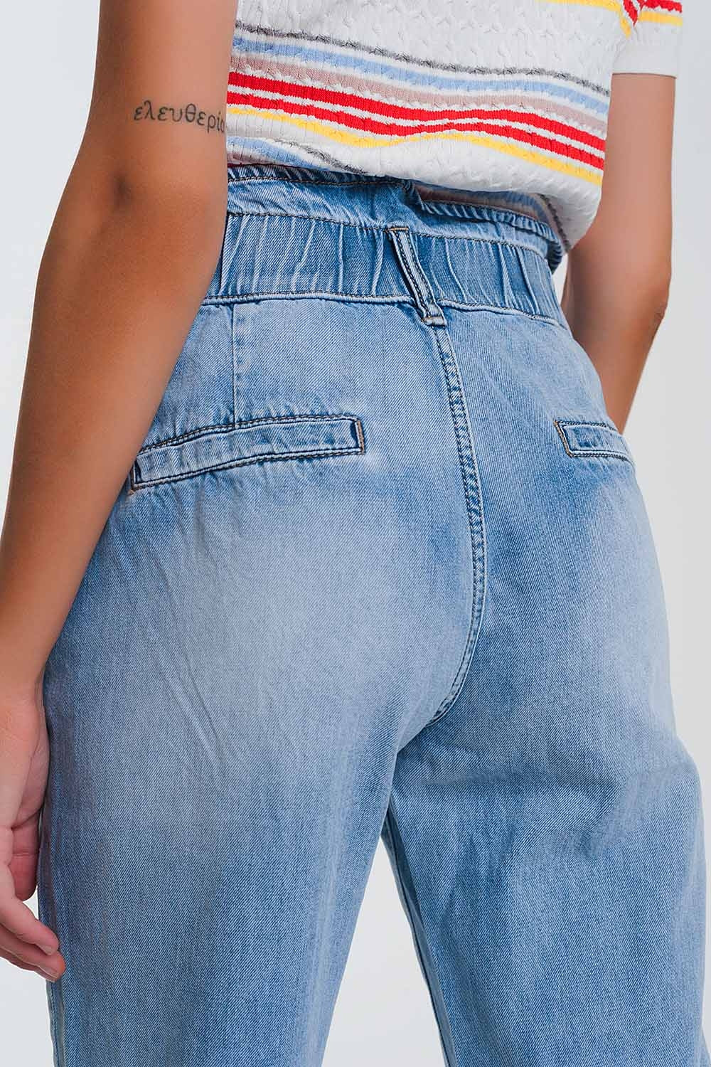 Light denim straight jeans with big waistband detail - Denim