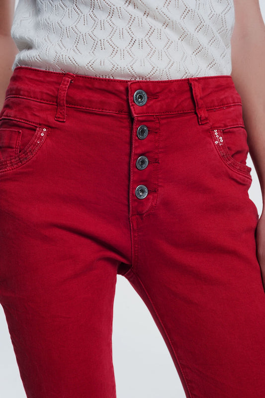 red boyfriend jeans with button closure - Coloured Jeans