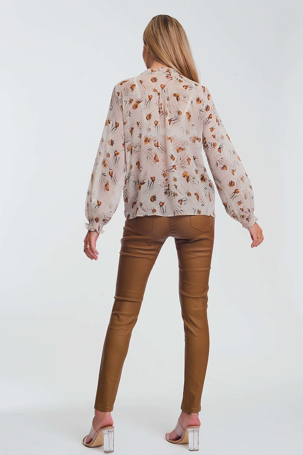 coated skinny pants in camel - trousers