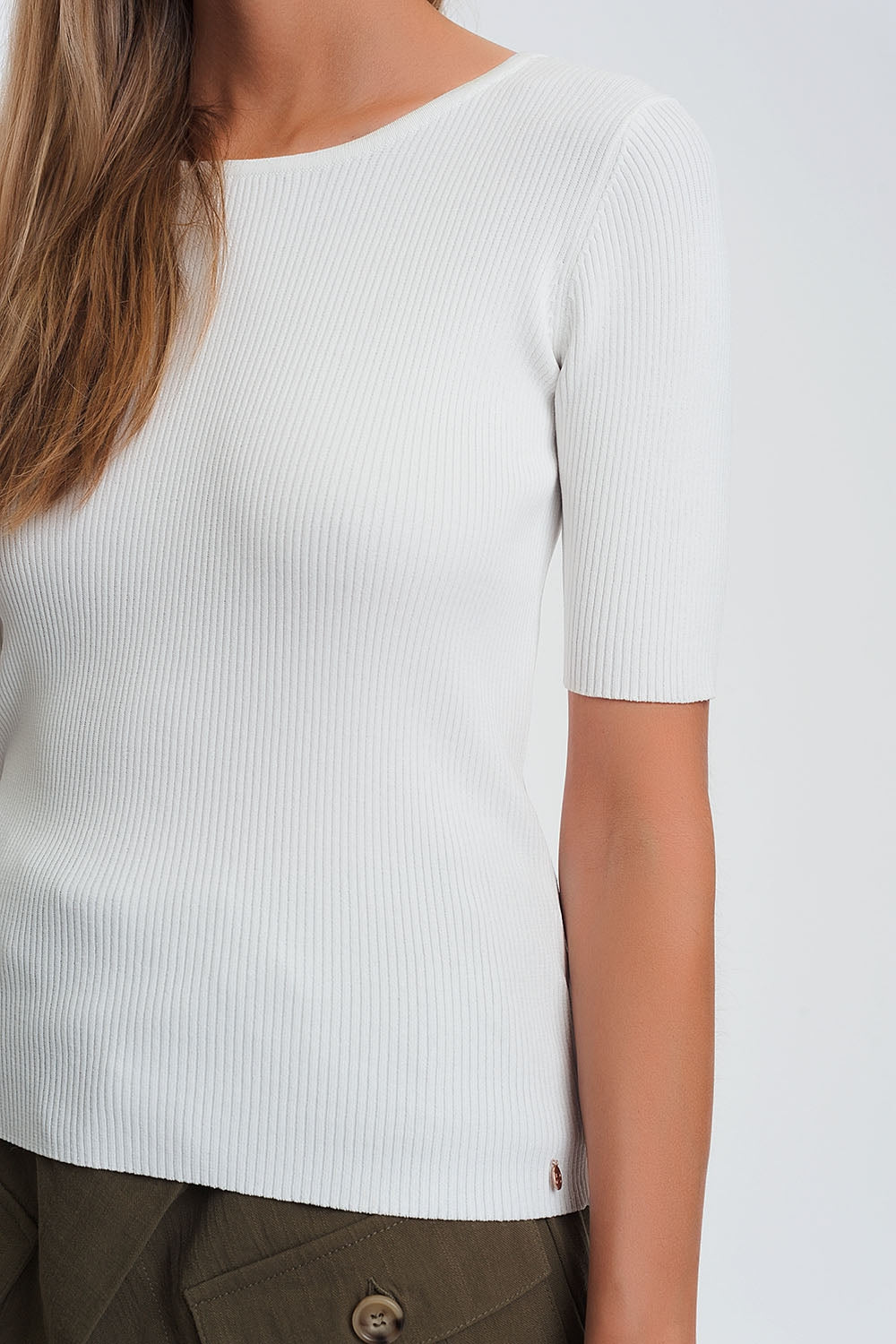 Rib knitted sweater with tie back in cream