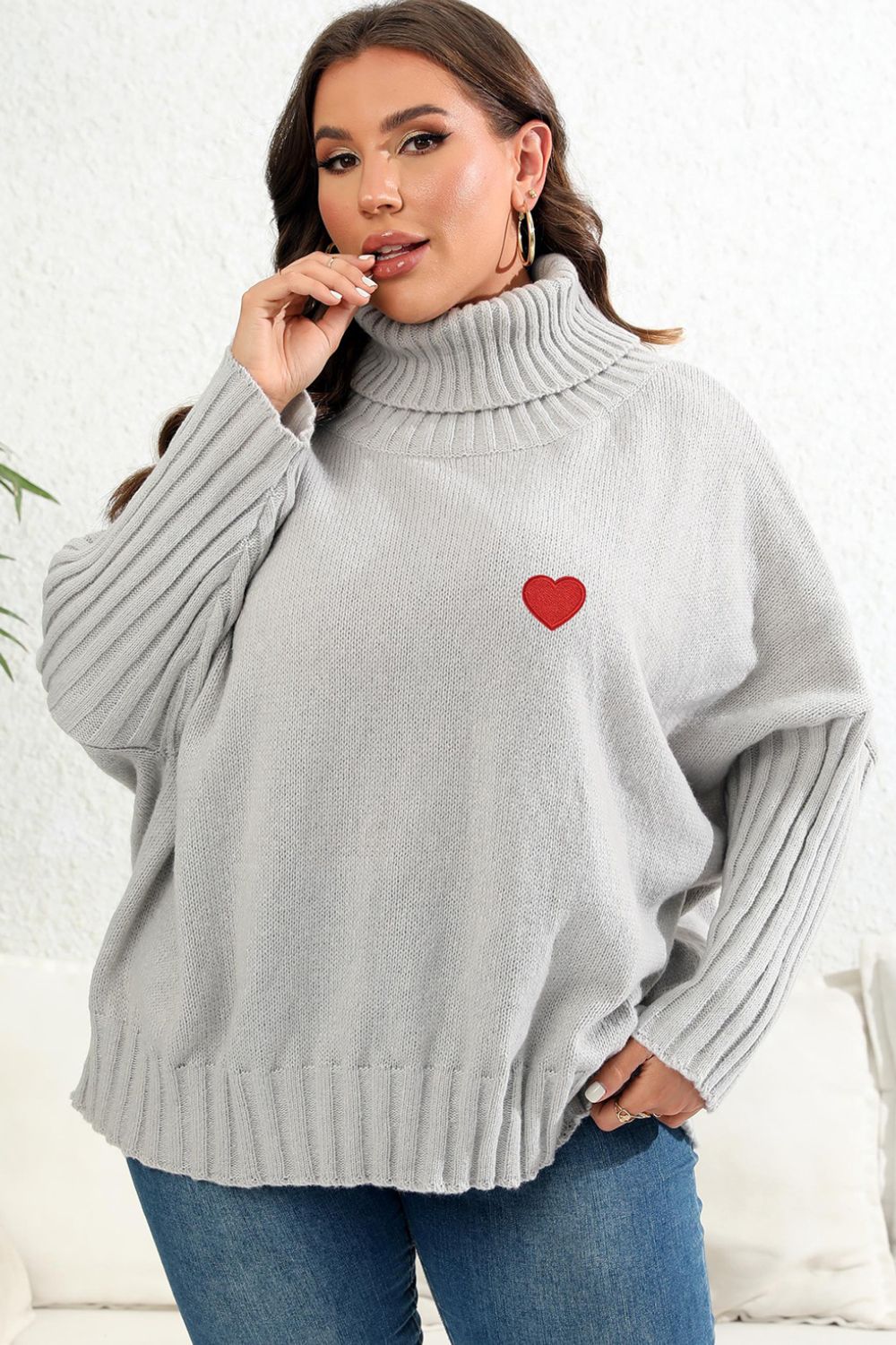 Plus Size Turtle Neck Jumper with Heart Patch Light Gray - Sweaters