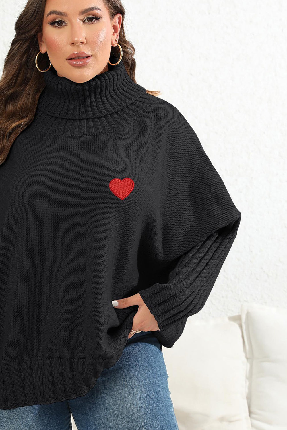 Plus Size Turtle Neck Jumper with Heart Patch - Sweaters