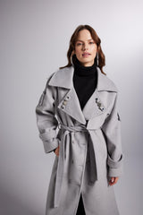 Manteau long gris boisé en laine mélangée cachemire avec accessoires