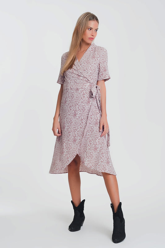wrap midi dress in pink floral print - dress