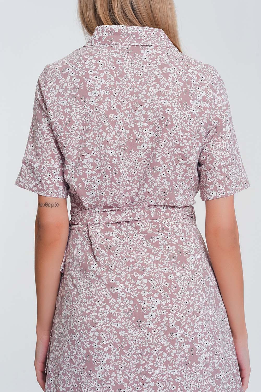 wrap midi dress in pink floral print