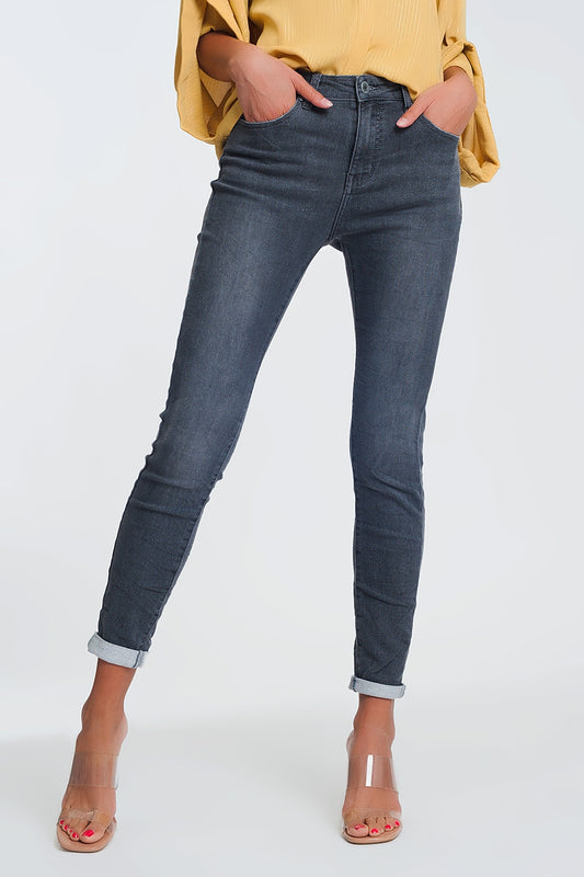 High Waisted Denim Jeans In Glitter Fabric - Denim
