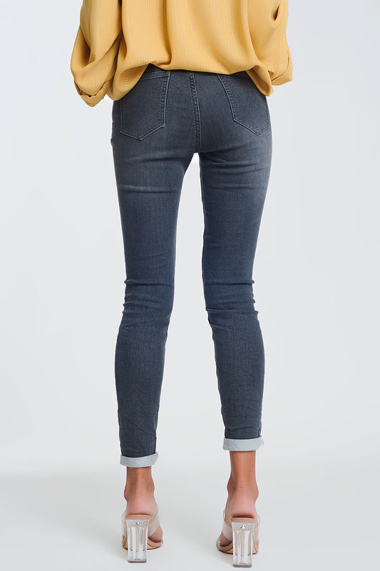 High Waisted Denim Jeans In Glitter Fabric - Denim