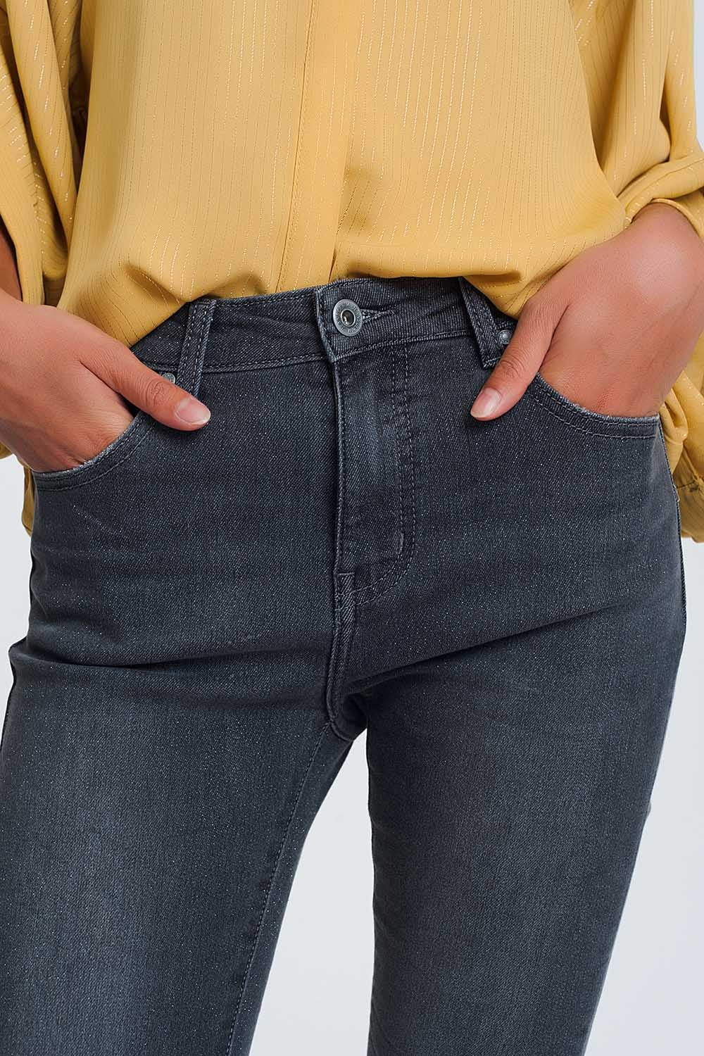 High Waisted Denim Jeans In Glitter Fabric - Denim