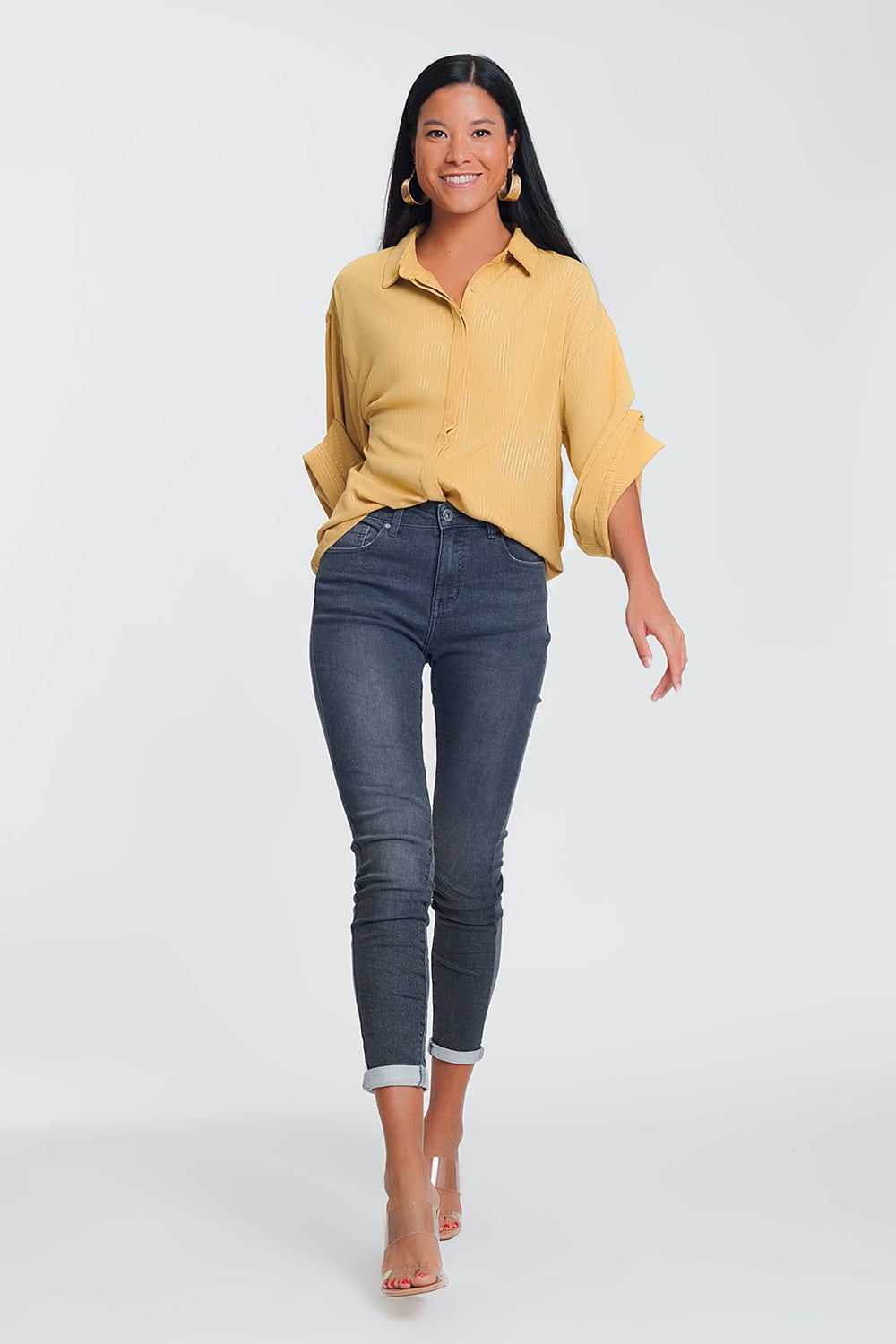 High Waisted Denim Jeans In Glitter Fabric - Denim