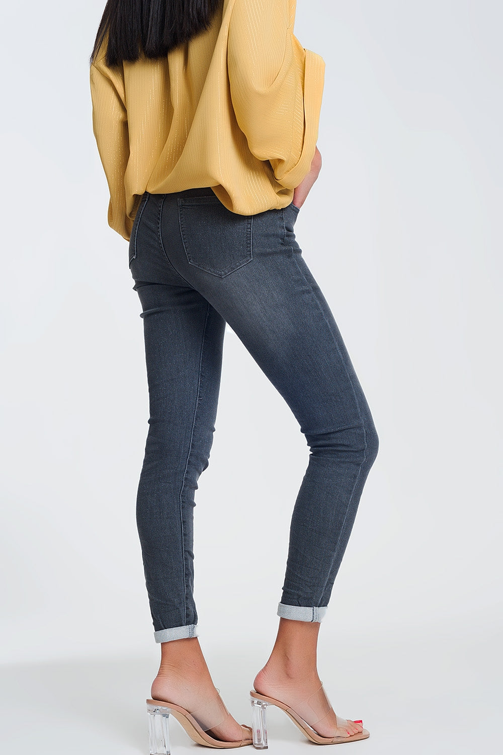 High Waisted Denim Jeans In Glitter Fabric - Denim
