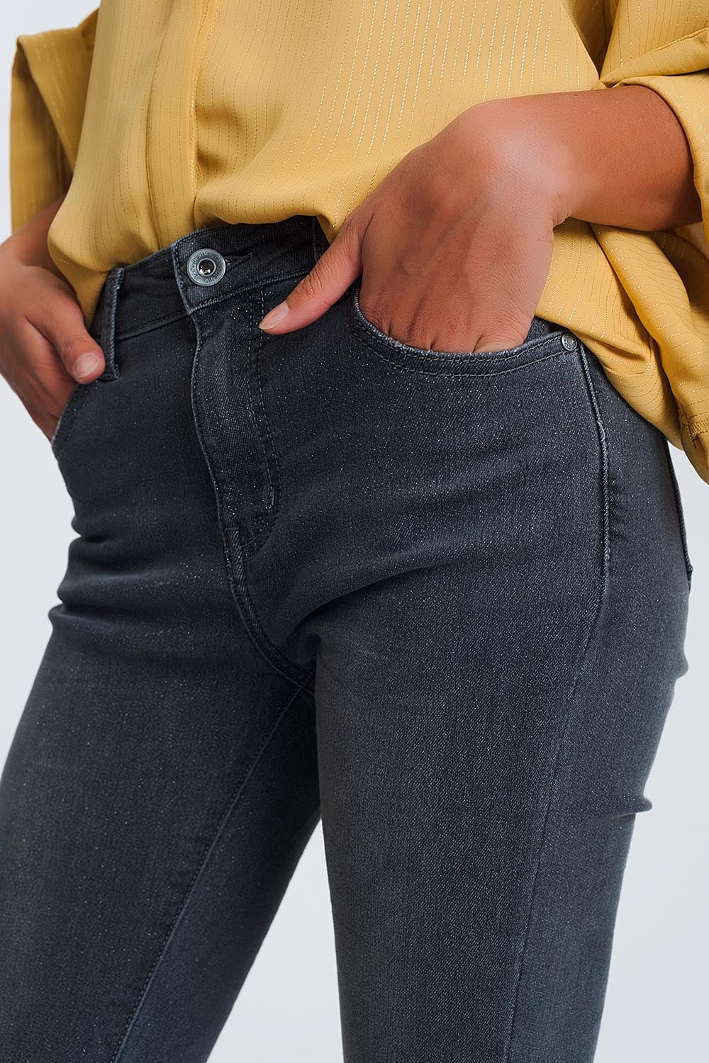 High Waisted Denim Jeans In Glitter Fabric - Denim