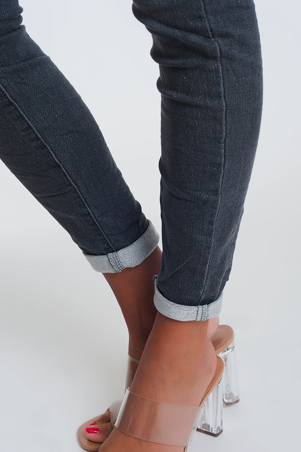 High Waisted Denim Jeans In Glitter Fabric - Denim