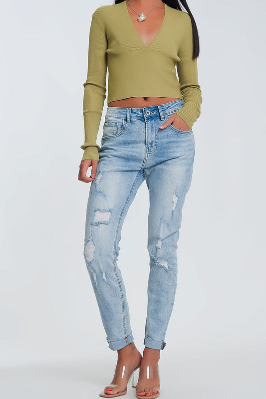Ripped boyfriend jeans in light denim - Denim