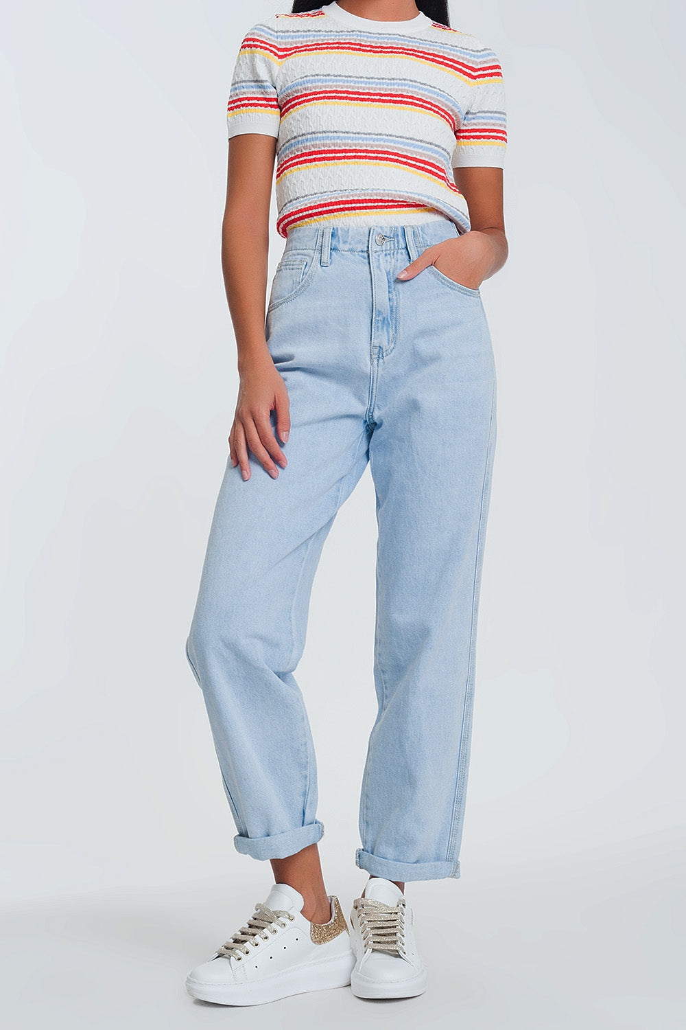 Jean mom taille haute en denim bleu clair