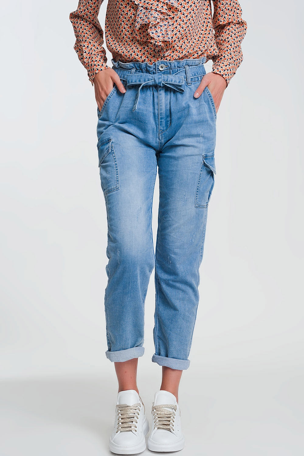 Paperbag tie waist jeans in light blue - Denim