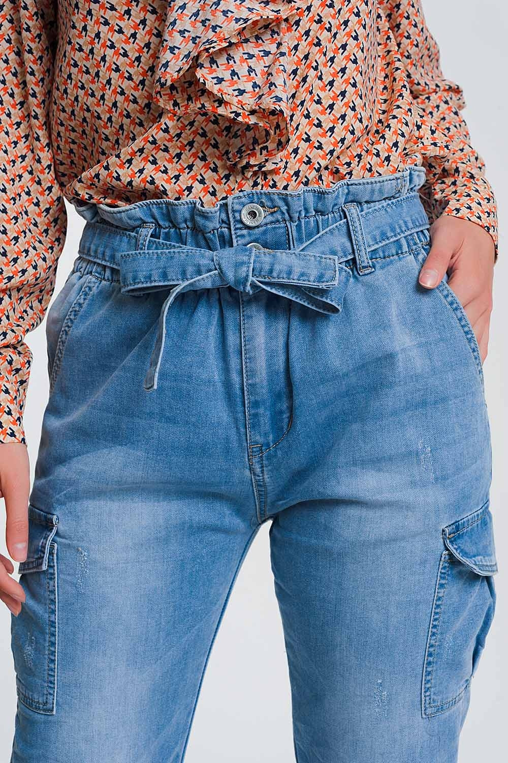 Paperbag tie waist jeans in light blue - Denim