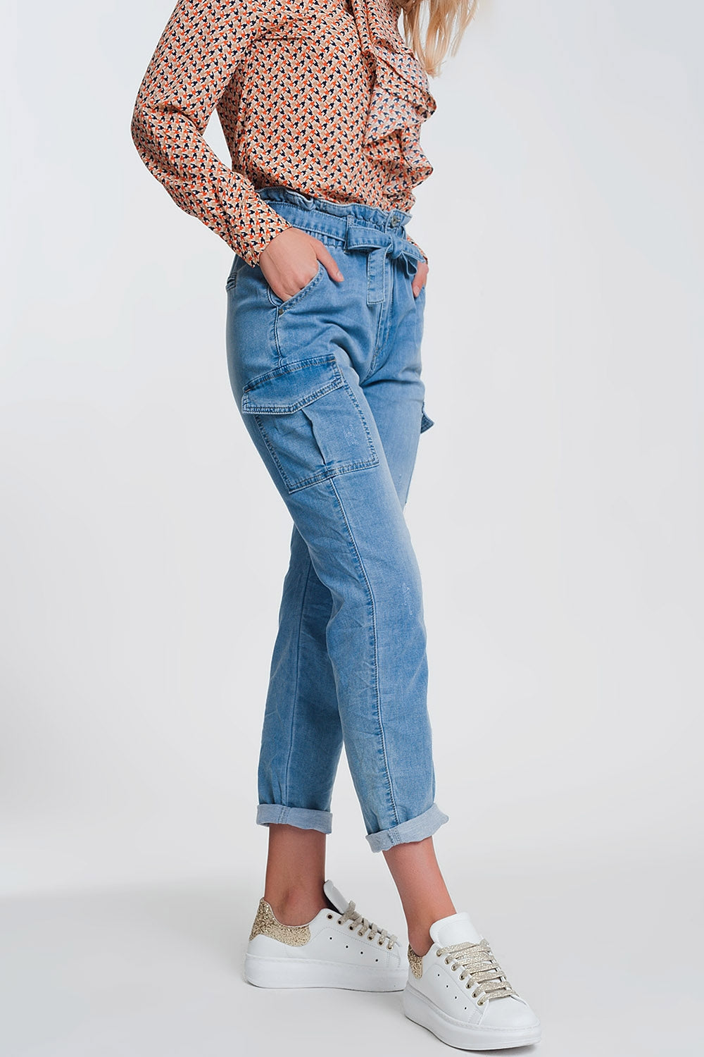 Paperbag tie waist jeans in light blue - Denim