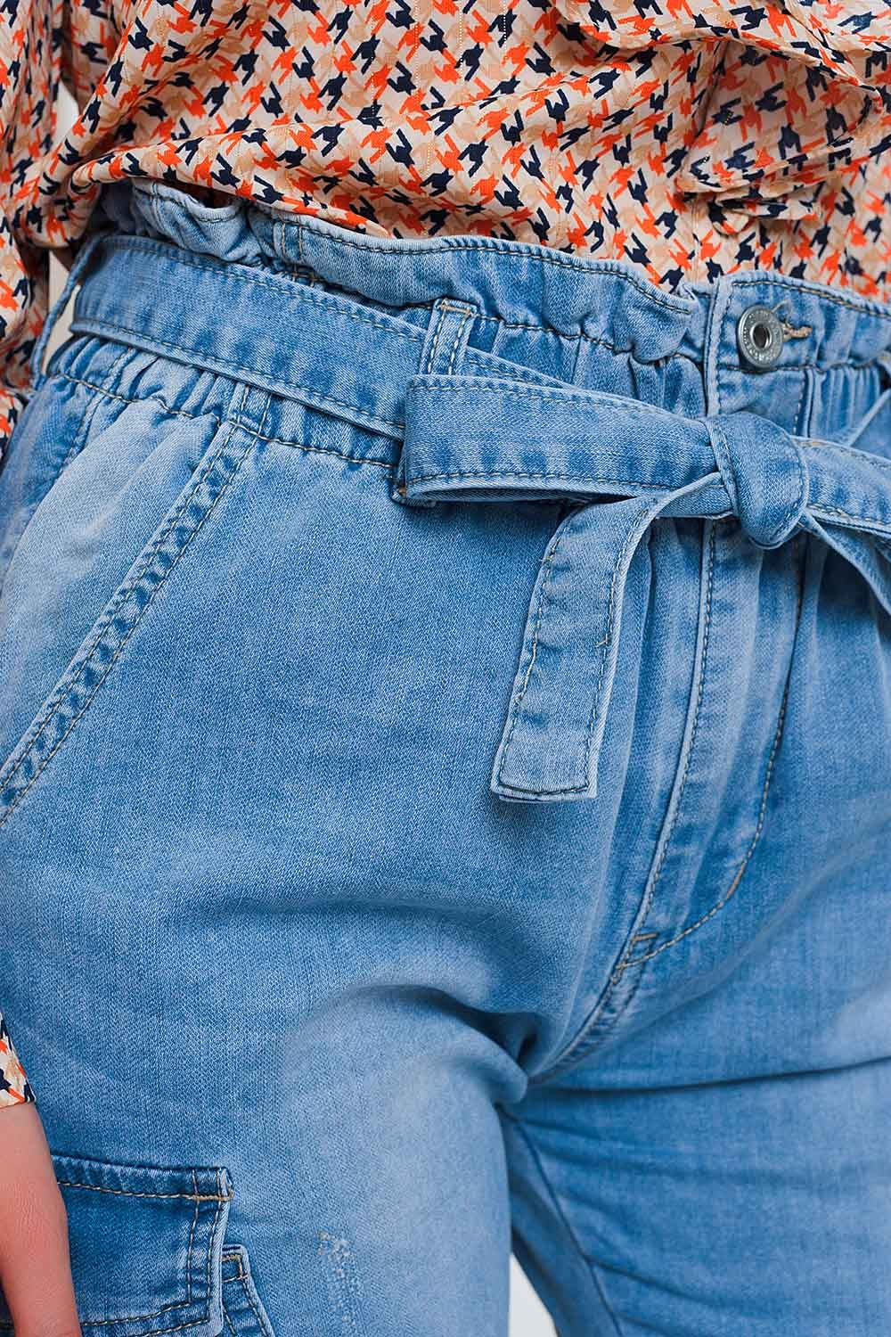 Paperbag tie waist jeans in light blue - Denim