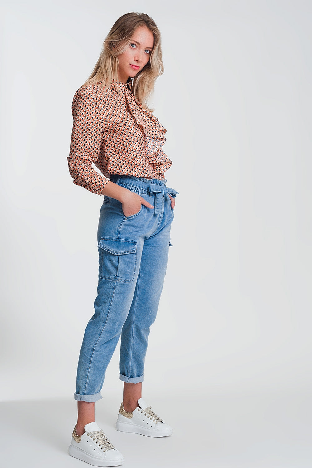 Paperbag tie waist jeans in light blue - Denim