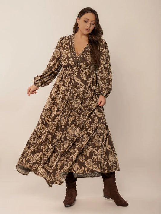 Plus Size Printed V-Neck Balloon Sleeve Maxi Dress Camel -