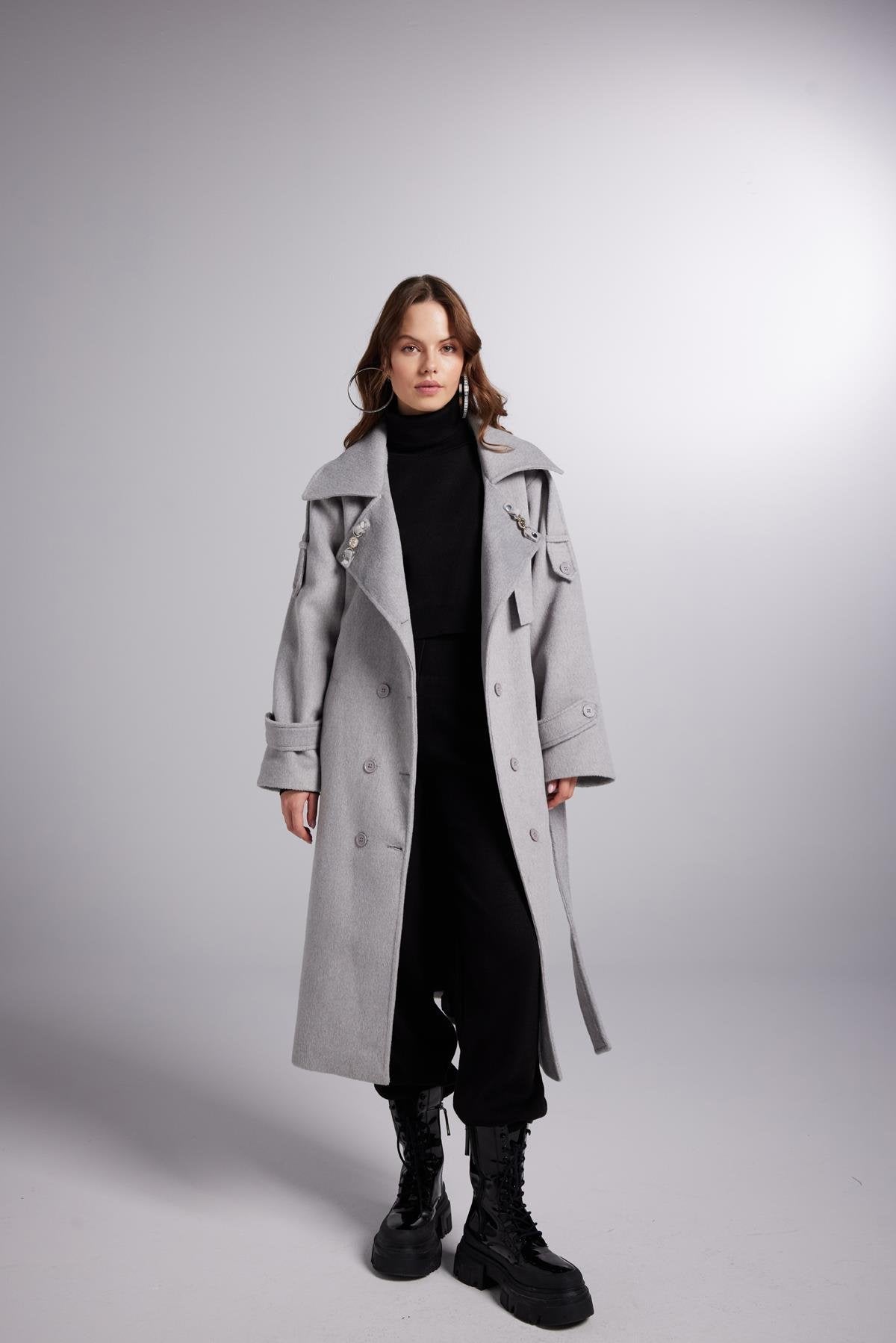 Accessorized Wool Blended Cashmere Maxi Woody Grey Coat - Trench Coats