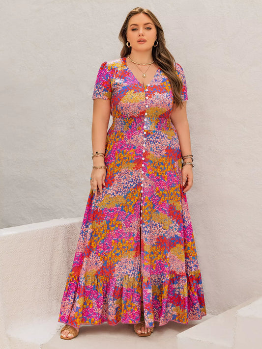 Plus Size Printed V-Neck Short Sleeve Maxi Dress - Dresses