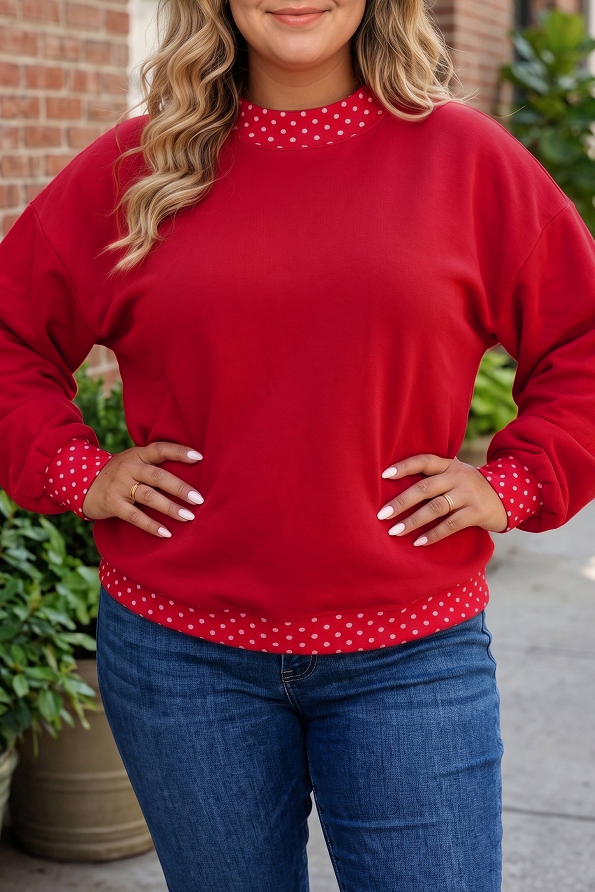 Tillandsia Purple Polka Dot Patchwork Round Neck Plus Size Sweatshirt Red 50%Polyester+50%Cotton - Plus Size/Plus Size Sweatshirts & Hoodies