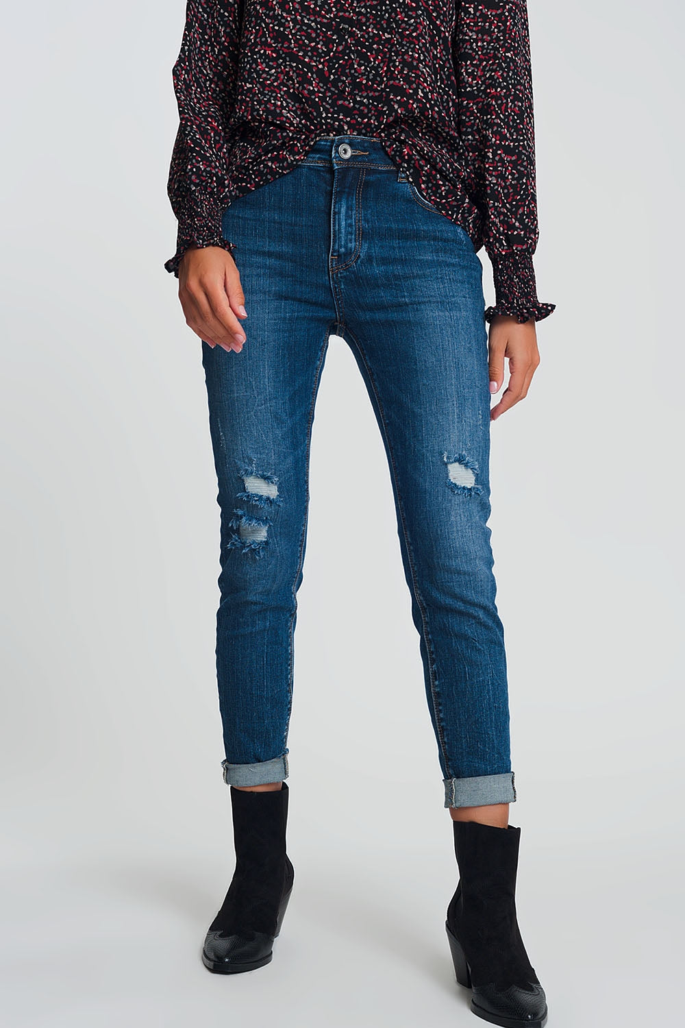 High waisted skinny jeans in dark wash blue with ripped details - Denim