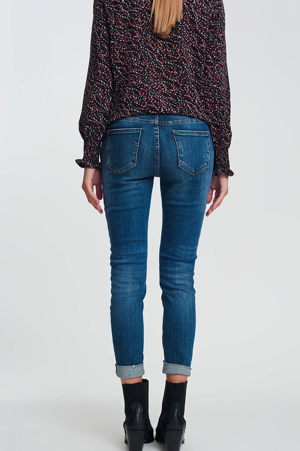 High waisted skinny jeans in dark wash blue with ripped details - Denim